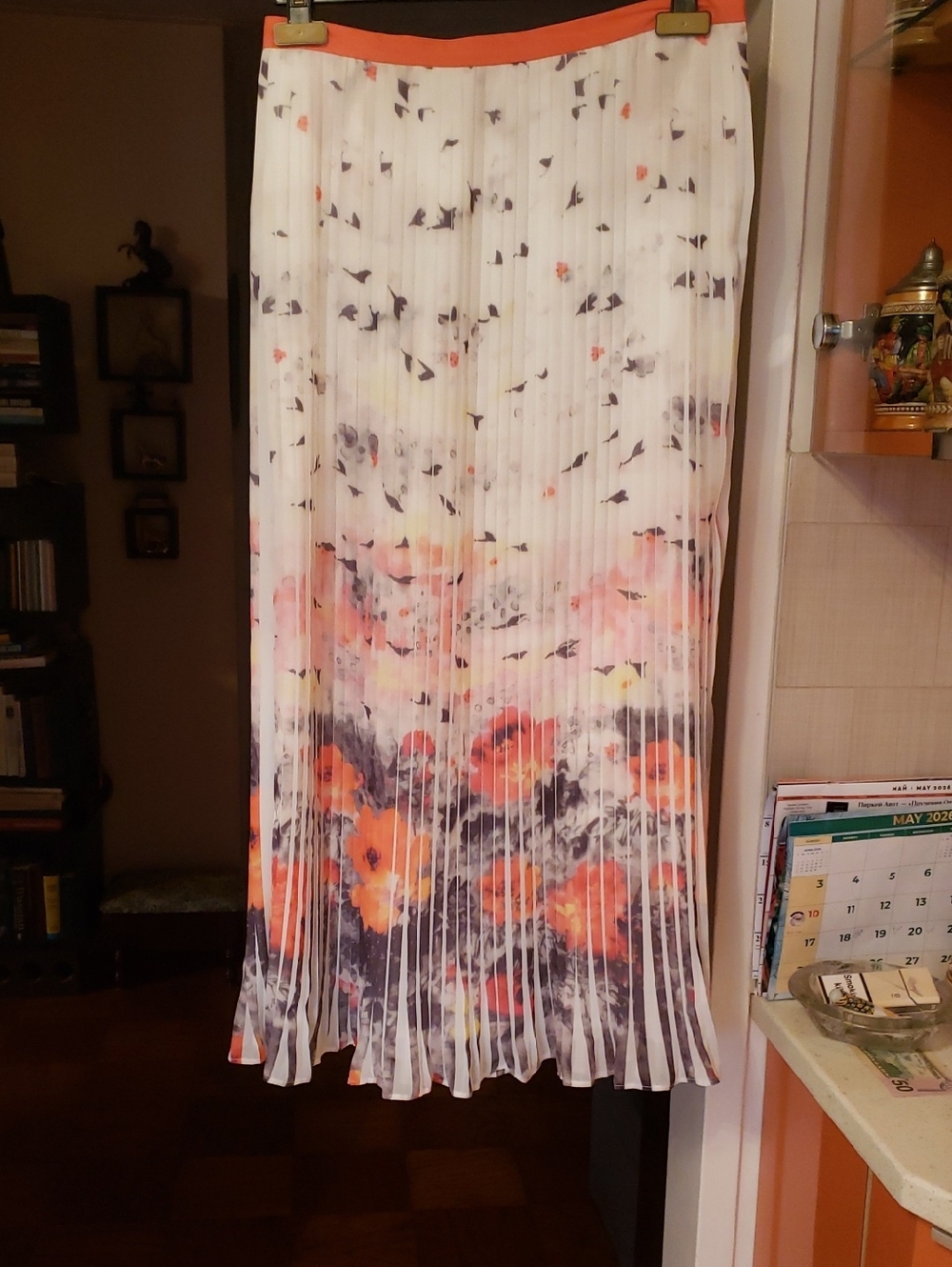 Floral Pleated Maxi Skirt in White and Coral
